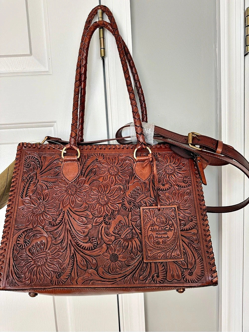 Vilenca Tooled Leather Tote in Brown NWT Hand Made